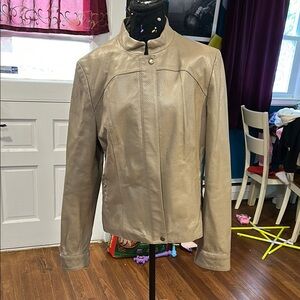 Alfani Tan Leather Jacket with Classic Style and Full Zipper